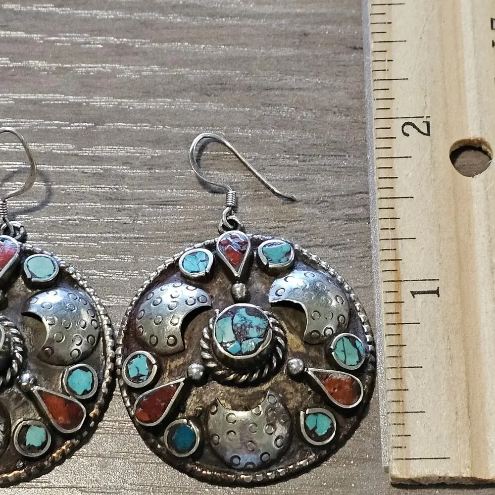 Vintage Tibetan Silver Round Dangle Earrings with Coral & Turquoise